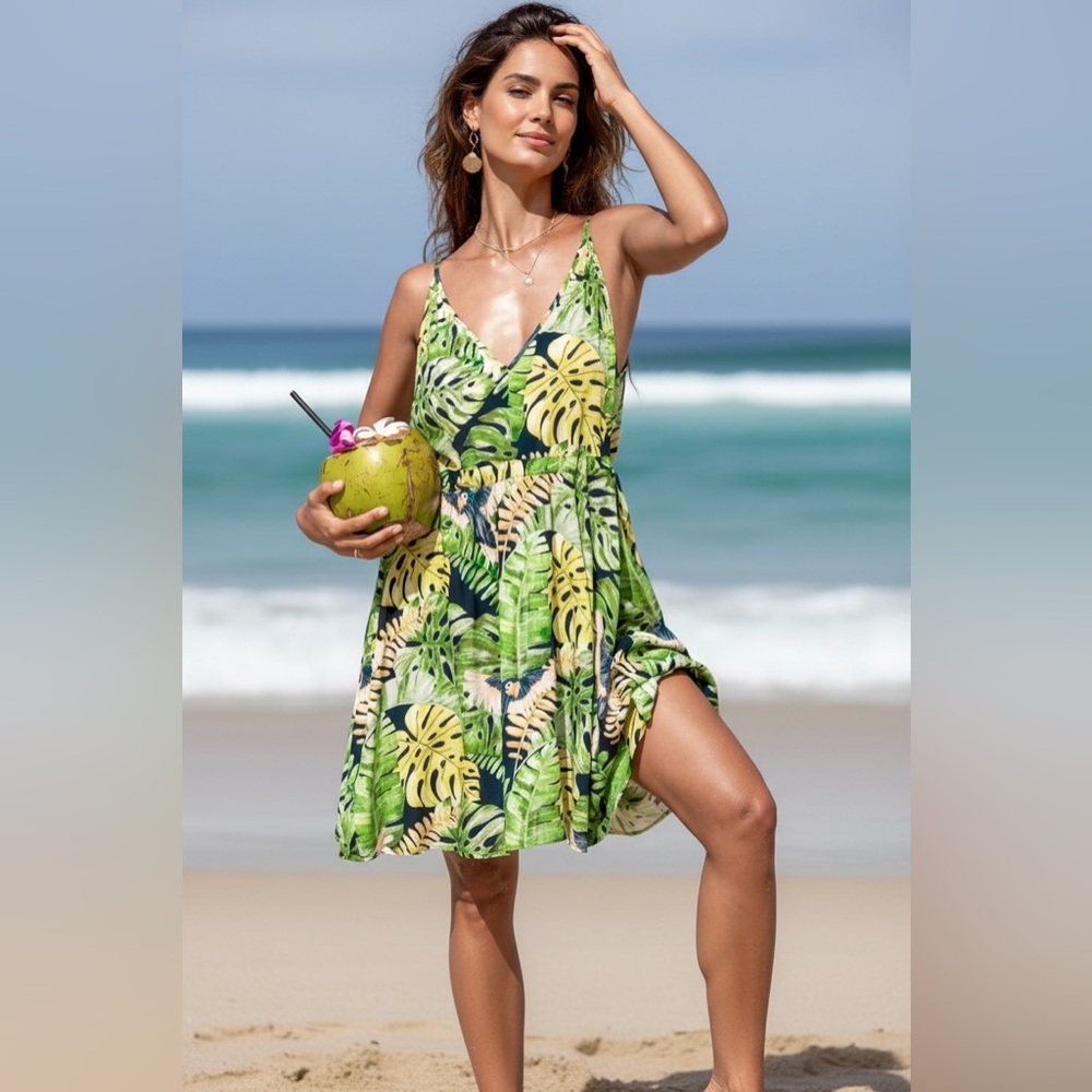 Cupshe Tropical Leaf Mini Dress Sz XL NWT | Sleeveless Waist‑Tie Resort Style